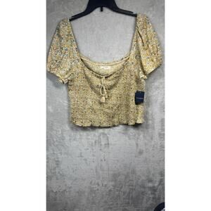 Lucky Brand NEW Top Womens XL Gold Blue Floral Smocked Bodice Crop Knit Pullover